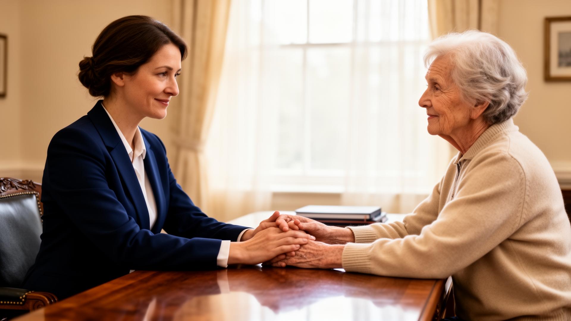 Illustrative image of a conversation across a wooden desk